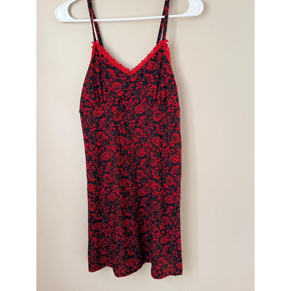 Rene Rofe Sleepwear Women Black Red Floral Lace Trim Slip‎ Dress S Romantic